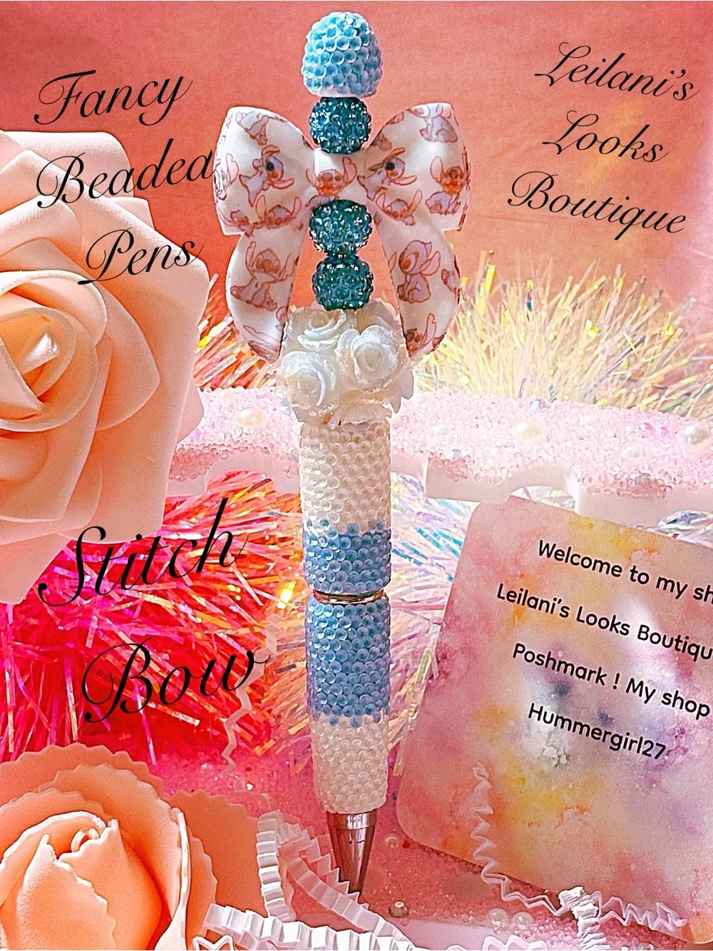 Handmade Beaded Bow Pen in White and Light Blue/ Fancy beaded Pen/gifts/stitch/